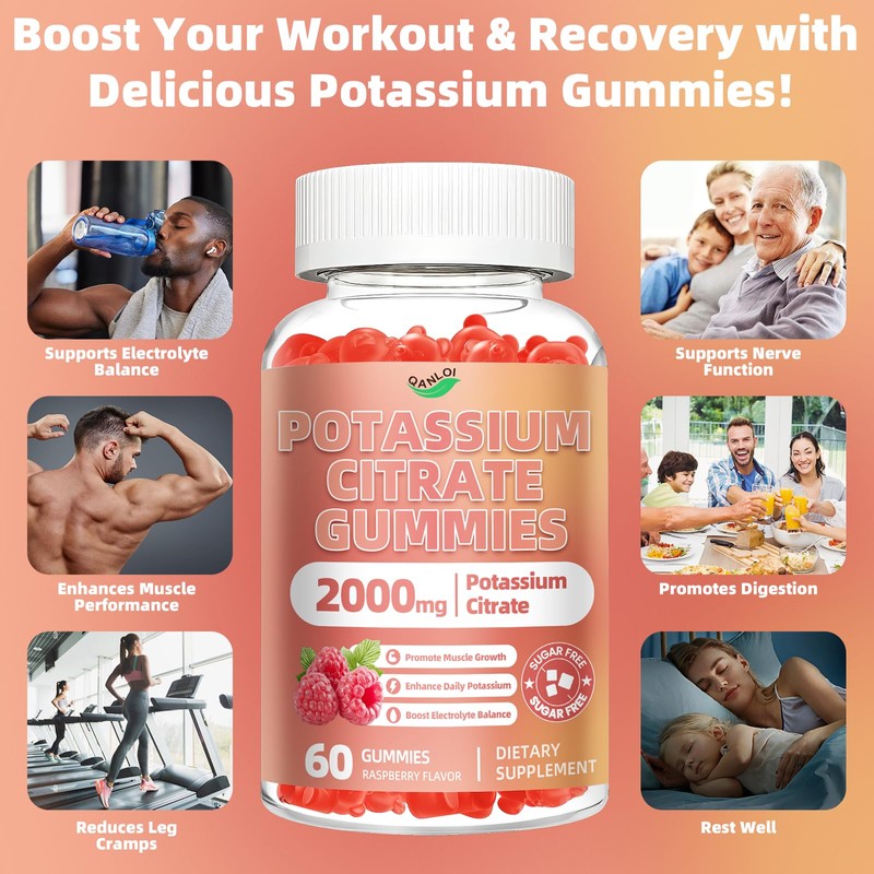 2 Pack Potassium Citrate Gummies, 2000mg Potassium Supplement for Adults