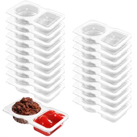 ADERTOS 30 PCS Reusable Snack Pack Containers, Double Compartment Snack Containers with Lids, Sauce Container Boxes 2-in-1 Portable Sauce Pots Hinged Lid Clear Plastic Portion Cups for Picnic