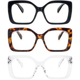 REAVEE 3 Pack Wide Oversized Reading Glasses for Women, Blue Light Blocking Computer Stylish Square Readers with Spring Hinge 1.25