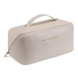 Cosmetic Bag Travel Makeup Bag,Large Capacity Toiletry Bag for Women,Waterproof Portable Pouch Make up Organizer with Divider and Handle, PU Leather Cute Cosmetic Bag (Off White)