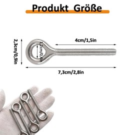 Eye Bolt M6, Pack of 12 Eye Bolts, Long Shaft Stainless Steel Eye Bolts, Welded Screw Rings, Long Shank Eye Bolt, for Roll of Attachment and Hanging