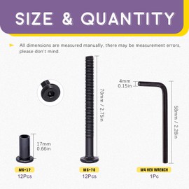 Swpeet 25Pcs M6x70mm Carbon Steel Black Hex Drive Socket Cap Bolts Barrel Nuts Assortment Kit with 1Pcs Allen Wrench, Screw Post Fit for Furniture Countsunk Belt Buckle Leather Binding Bolts