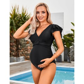 Blooming Jelly Women's Maternity Swimsuit Plus Size Tummy Control One Piece Bathing Suit 2024 Ruched Ruffle Pregnancy Swim Suits (Maternity Black,Large)