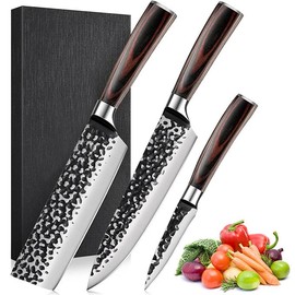 3PCS Kitchen Knife Set: 8" Chef, 7" Nakiri, 5" Utility Knife. Made from forged high carbon stainless steel for exceptional sharpness and durability.