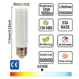 Geminilite E26 LED Corn Light Bulbs 12W, Daylight White 6500K, 1500 Lumen, 120W Equivalent Incandescent Bulbs, Non-Dimmable, E26 Base Edison Screw LED Light Bulbs, Pack of 6
