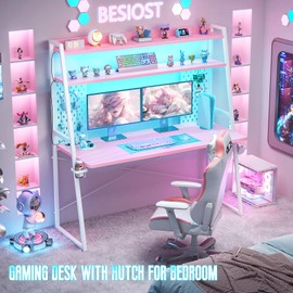 Besiost Gaming Desk with Hutch and LED Lights, Gaming Computer Desk with Power Outlets, Gamer Desk with Storage Shelves, PC Gaming Desk with Pegboards for Bedroom, Carbon Fiber Pink, 49"