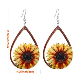 KaFu Sunflower Earrings for Women Bohemian Wood Earrings Bee Earring Art Earrings Teardrop Wood Dangle Drop Earrings Jewelry Gift (sunflower-2)