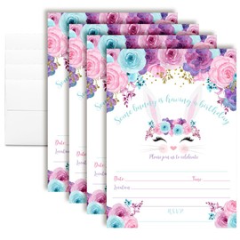 Bunny Face with Pink Blue and Purple Watercolor Flowers Birthday Party Invitations for Girls, 4 5"x7" Fill In Cards with Four White Envelopes Bunny Theme Invites Pary Supplies by AmandaCreation