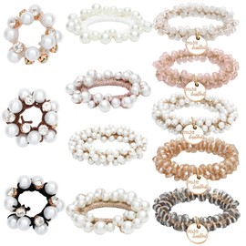 SUBANG 12 Pieces Pearl Hair Scrunchies Crystal Beaded Hair Ties Elastic Ponytail Holders Decorative Hairs Accessories for Women