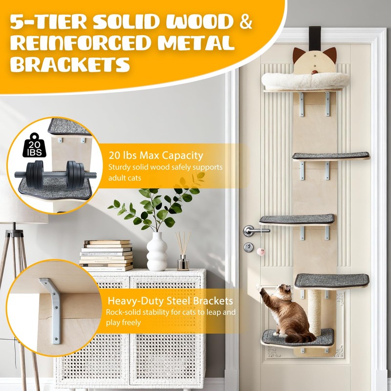 5-Levels Door Hanging Cat Climber, Vertical Door-Mounted Cat Tree Tower