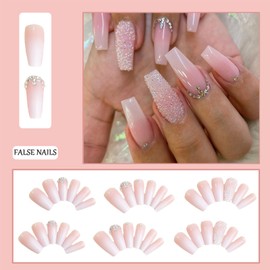 Press On Nails - 24PCS Long Square French False Nails Shiny Coffin Artificial Nail Tips with Rhinestones - Gradual Pink Diamond French Tip Designs Acrylic Nails