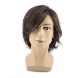 Men's Medium Style Wavy Bouncy Side Swept Fringe Bang Hairstyle Wig with Wig Cap