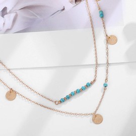 Zehope Boho Layered Sequin Necklace Gold Turquoise Pendant Necklaces Beach Chain Jewelry Adjustable for Women and Girls