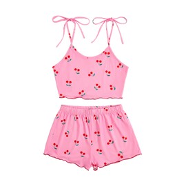 SweatyRocks Women's Summer Strawberry Print Cami Top and Shorts Sleepwear Pajamas Set Pink Red Cherry Large