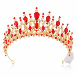 YBSHIN Light Up Gold Rhinestones Queen Crowns, Bridal Wedding Fantasy Crystal Tiaras, Pageant Prom Hair Pieces for Women (Red)