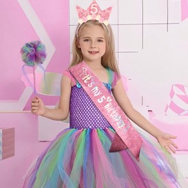 SuPoo 5th Birthday Decorations for Girl Pink Bow 5th Birthday Sash and Headband Crown for Girls Glitter Hair Band for Party 5 Year Old Flower Princess Tiara Hair Accessory Outfit Gift