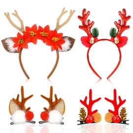 HOWAF 4 Christmas Reindeer Headband & Reindeer Hair Clips, Christmas Headbands Reindeer Antlers Headband, Christmas Headband Christmas Hair Clips for Xmas Reindeer Costume Christmas Costume