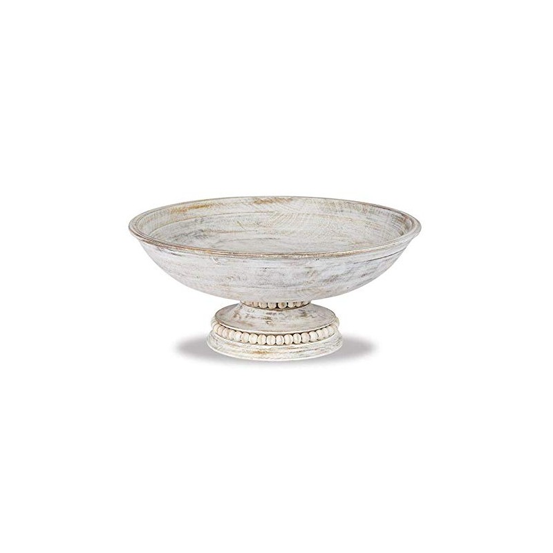 Mud Pie Beaded Wood Pedestal Bowl, White, 6" x 14"