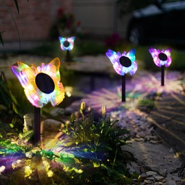HUYIENO 4pk Solar Lights Outdoor Garden Decor Butterfly Stake Lights Waterproof Pathway Fence Lighting Ground/Wall Mounting 2 in 1 for Garden,Patio,Yard Decoration
