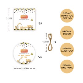50pcs Construction Thank You Tags, Excavator Gift Tag with String for First Birthday Party, Dump Truck Round Thank You Paper Tags for Boy Birthday/Gender Reveal Party Favors