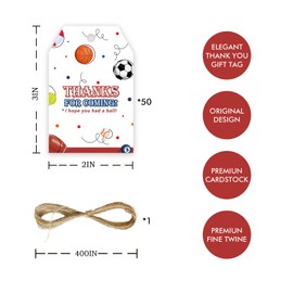 50pcs Ball Thank You Tags, Football Gift Tag with String for Baby Shower Party, Basketball Thank You Paper Tags for Sport Themed Birthday Party Favors
