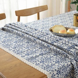 AMZALI Vintage Washable Cotton Linen Fabric Navy Damask Pattern Decorative Macrame Lace Rectangle Tablecloth Dinner Picnic Table Cloth Home Decorative Table Cover Assorted Size (36 Inch x 55 Inch)