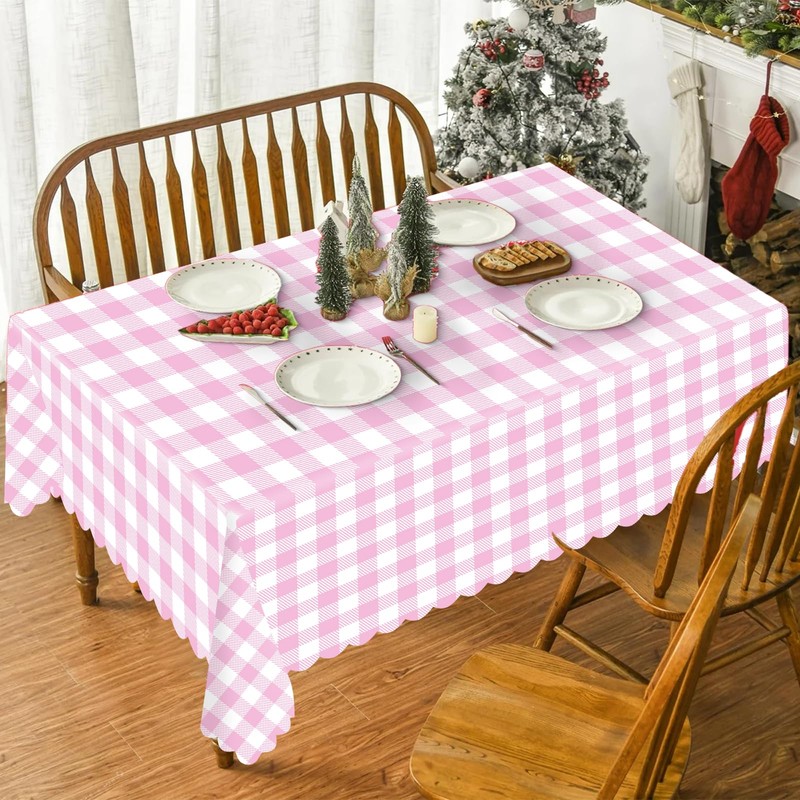 Ohkishly 2 Pack Pink Gingham Tablecloths, Pink and White Checkered