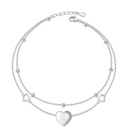 HOOHWE Anklets For Women Sterling Silver Love Heart Ankle Bracelets For Women Double Layered Anklets Beach Jewelry Adjustable Anklet Gift for Teens Girls