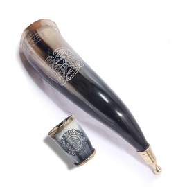 CONTINENTAL CART Viking Drinking Ox Horn Mug Set with Brass Tip & 1 Shot Glass, Natural Shine Finish Norse Runes Mead Cup, Vintage Engraved Medieval Beer Stein Gift for Men & Women (15 Inches-12 Oz)