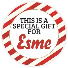 This is a Gift for Esme - 25 Pack Circle Stickers 3 Inch - Candy Cane Merry Christmas Gift Tag Present Tree Holiday Custom Name Santa Claus
