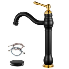 gotonovo Vessel Sink Faucet 360° Swivel Spout Single Handle Tall Bathroom Faucet 1 Hole Farmhouse Lavatory Washbasin Mixer Tap Matching Supply Hoses, with Pop Up Drain, Matte Black & Polish Gold