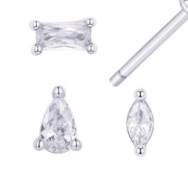 Marquise Piercing Studs | Rhodium Plated Sterling Silver | Flat Back Baguette Earrings | Womens Pear-Cut Studs for Stacking | Everyday Nap Earrings Trio Screw Back Sleeper Studs for Multi-Piercings