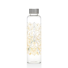 Godinger Glass Water Bottle, for Water, Gatorade, Juices & Herbal Tea – Medallion Print, Reusable Bottle with Stainless Steel Lid, 20oz