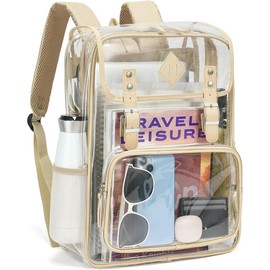 Clear Backpack Large Capacity Heavy Duty Transparent PVC Backpack with Leather Trim for Women College Work Travel - Colour: Khaki