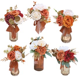 Marriwise Set of 6 Burnt Orange Assorted Wedding Flower Centerpieces Pre-Made Mini Bridesmaid Bouquets Artificial Flower Terracotta Table Decor for Fall Wedding Decorations Shower Home Decor