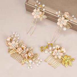 Floral Hair Comb Set for Women - 4PCS Bridesmaid Hair Accessories with Pink Flower Hairs Pins, Victorian Hair Clips for Wedding, Prom, Mother of Bride, Flower Girl (Rose Gold, Fake Flowers)