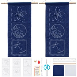 WEBEEDY 2 Sets Sashiko Kit Sashiko Wall Hanging Decor Japanese Traditional Embroidery Kit with Sashiko Floral Pattern Template and Instruction for Adults Beginners(Cherry Blossom,Dragonfly,Wave Style)