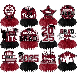 12Pcs Maroon Graduation Decorations Class of 2025 Honeycomb Centerpieces, Graduation Centerpieces for Tables Maroon Congrats Grad Graduation Table Decorations, Maroon Graduations Table Toppers