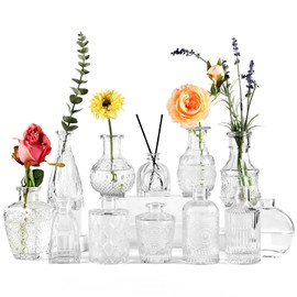 BIGIVACA Small Glass Bud Vases Set of 12,Mini Clear Bud Vases in Bulk,Small Flower Vases for Centerpieces,Vintage Embossed Style Glass Bottles for Rustic Wedding,Home,Table Decor