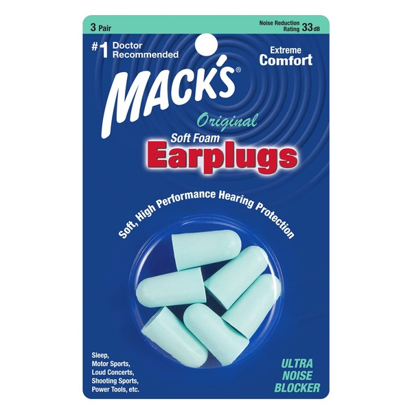 Mack's Original Soft Foam Earplugs, 3 Pair - 33B Highest NRR, Comfortable Ear Plugs for Sleeping, Snoring, Work, Travel & Loud Events, Teal Green