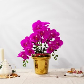 JARELING Faux Artificial Orchid Flowers in Vase, Real Touch Orchid in Pot Orquideas Fake Flowers for Home Decoration Indoor Decor Living Room Dinning Table Centerpiece (Gold Vase, Purple)