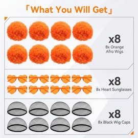 8Pcs Orange Afro Wig with Heart Sunglasses for Women Men, Colored Short Fluffy Curly Funny Party Afro Wigs 70s 80s Disco Hair for Disco Birthday Bachelor Halloween Party Cosplay Costume