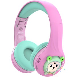 Riwbox Baosilon FB-7S Kids Headphones Bluetooth, LED Light Up Bluetooth Foldable Headphones Over Ear Volume Limited Safe 75/85/95dB with Mic and TF-card, Children Headphones for School (Pink&Green)
