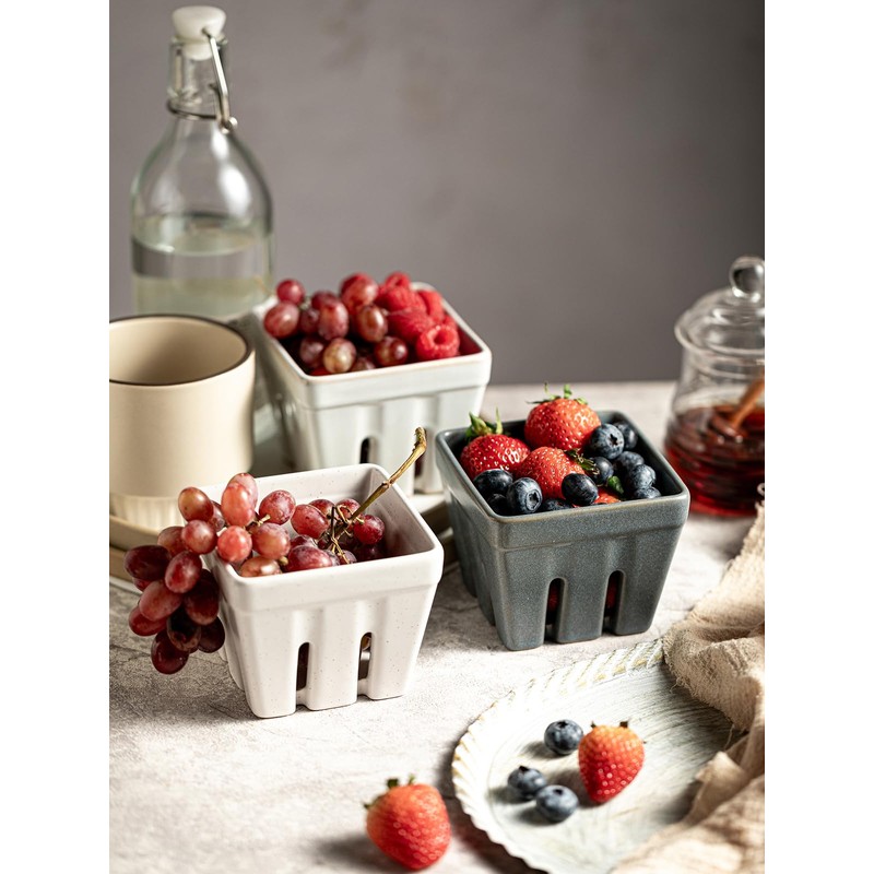 Gomakren Ceramic Berry Basket Set of 2, Square Fruit Bowls