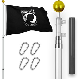 G128 Combo Pack: 16 Ft Telescoping Aluminum Flagpole (Silver) & POW MIA Flag 3x5 Ft, StormFlyer Series Embroidered 220GSM Spun Polyester | Pole with Flag Included