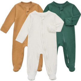 Aablexema Baby Footie Pajama with Mitten Cuffs, Double Zipper Infant Cotton clothes Sleeper Pjs, Footed Sleep Play(White & Green & Khaki,12-18 Months)