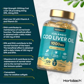 Cod Liver Oil Capsules High Strength 1000mg | 120 Count | Gelatine Free | with Vitamin A, D and Omega 3 DHA/EPA | Suitable for Pescatarians | by Horbaach
