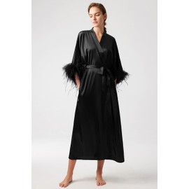 PRODESIGN Satin Kimono Robe Long Silky Bath Robe with Ostrich Feather Trim Sleepwear Wedding Bridesmaid Robe Black