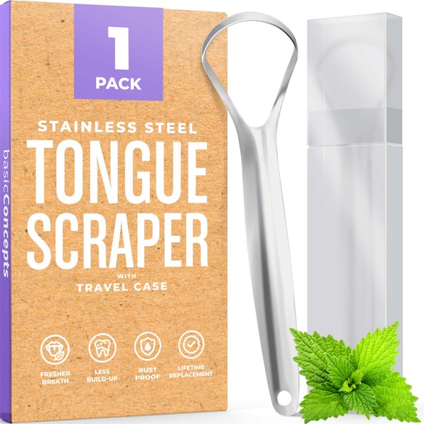 BASIC CONCEPTS Metal Tongue Scraper, Reduce Bad Breath in Seconds, Stainless Steel Tongue Cleaners for Adults, Metal Tounge Scrubber, Tongue Scraper Cleaner for Fresh Breath Tongue Brush (One Pack)