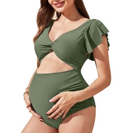 Harssidanzar Swimwear For Women maternity,Summer One-piece swimsuit hight waist bathing suit puffle trim twist front cut out KL301US,Olive Green,Size L